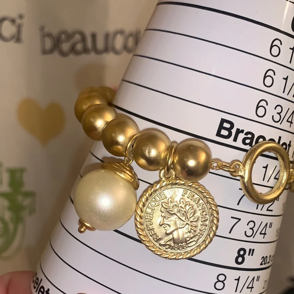 Karine Sultan Elegant Gold Beaded Bracelet with Pearl and Coin Charm - Picture 3 of 11